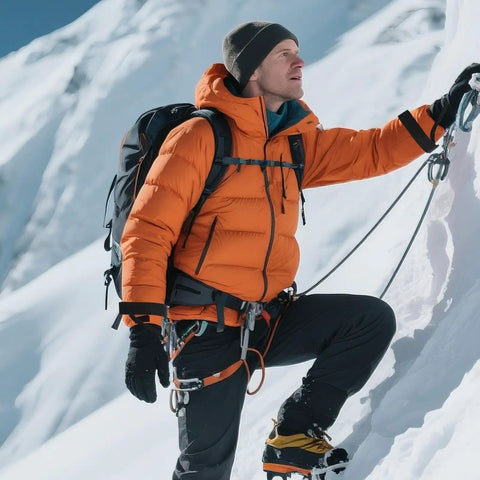 Man climbing snowy mountain wearing winter ski gloves with elastic wrist straps and safety straps for snowboarding and mountaineering