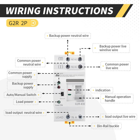 Wiring instructions for Dual Auto Manual Transfer Switch For Home UPS Two Pole 63A 110V AC ATS Power Selector, DIN rail mount.