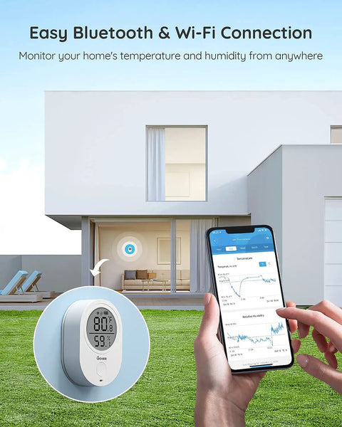 Smart WiFi Thermometer Hygrometer With LCD Display App Alerts And Remote Home Monitoring For Indoor Humidity And Temperature Sensor That Works With 2.4GHz WiFi And Bluetooth on wall and phone app