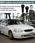 Bottom Mount Seat Hardware Kit 10 Pcs For Racing Sliders And Brackets Easy Install Compatible With Sparco Recaro Bride Momo NRG Seats Includes Bolts Washers And Nylon Lock Nuts; image shows a white car with racing seat and hardware kit.