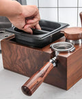Rock Solid Espresso Knock Box With Detachable Dregs Bin And Anti Slip Base Stainless Steel Tamping Platform No Stress Cleanup Steady Gear For Daily Grind with hand grasping tray.
