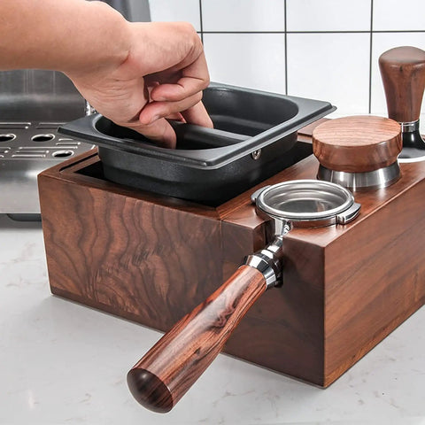 Rock Solid Espresso Knock Box With Detachable Dregs Bin And Anti Slip Base Stainless Steel Tamping Platform No Stress Cleanup Steady Gear For Daily Grind with hand grasping tray.