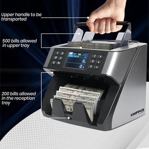 All Denoms Money Counter Pro That Reads Every Bill At Once with transport handle and clear display showing bill count.
