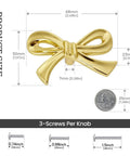 Brushed Gold Bow Dresser Knobs Set Of 8, Large Decorative Cabinet Drawer Pull Handles, side view showing size and 3 screw lengths