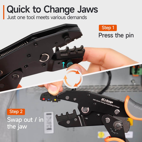 Ratcheting Crimping Tool Set Eight Piece With Quick Exchange Jaws for Heat Shrink Open Barrel Insulated Ferrules AWG 20 to 2