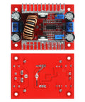 Heavy Duty DC Step Up Boost Converter Pair With No Hassle Voltage Tuning And Twin Heatsinks For Steady LED Current Draw on a red circuit board.