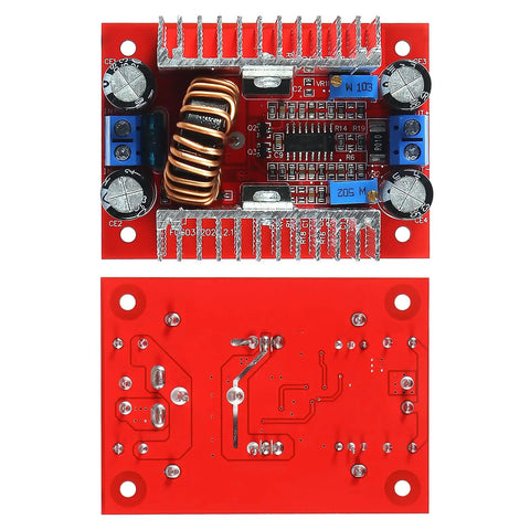 Heavy Duty DC Step Up Boost Converter Pair With No Hassle Voltage Tuning And Twin Heatsinks For Steady LED Current Draw on a red circuit board.