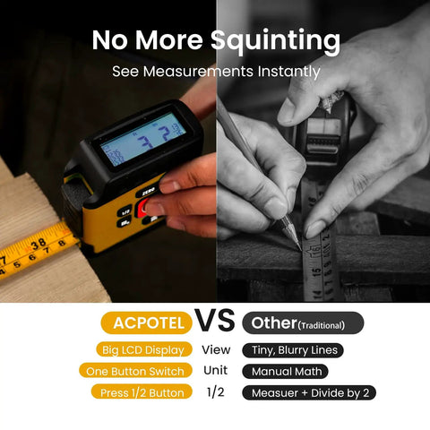 Side-by-side comparison of Super Handy 16 Ft Digital Tape Measure with digital display and traditional tape measure usage