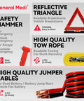 General Medi emergency car kit collage showing safety hammer, reflective triangle, tow rope and jumper cables