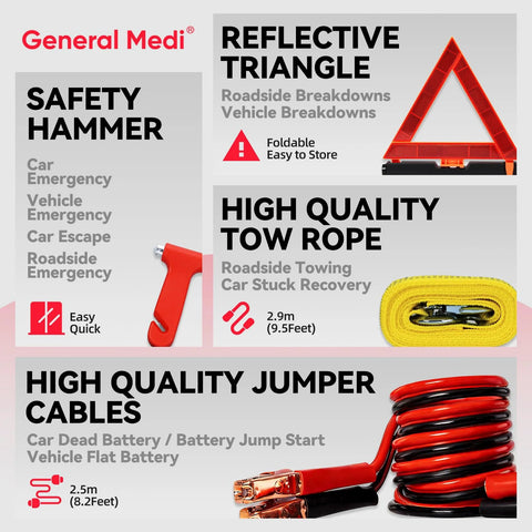 General Medi emergency car kit collage showing safety hammer, reflective triangle, tow rope and jumper cables
