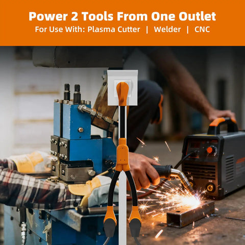 Badass 50 Amp Nema 6-50P To Dual 6-50R Welder Splitter Adapter Cord Y Plug Connector shown powering tools.