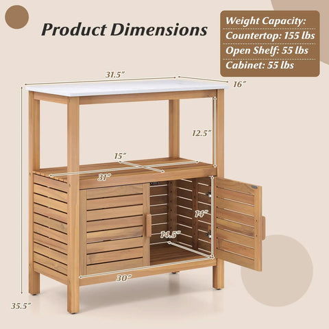 Dope Patio Wood Storage Cabinet For Outdoor Kitchen Acacia Buffet With marble-style top, dimensions, open shelf, and doors visible