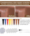 Leather And Vinyl Repair Kit For Cars And Home Furniture Fix Scratches Tears And Holes On Leather Seats Sofas And Upholstery Pro Grade Repair For Real And Synthetic Leather And Vinyl Black Easy To Use Lookin Fresh showing color tubes, brushes, and before-after repair results on a leather couch.