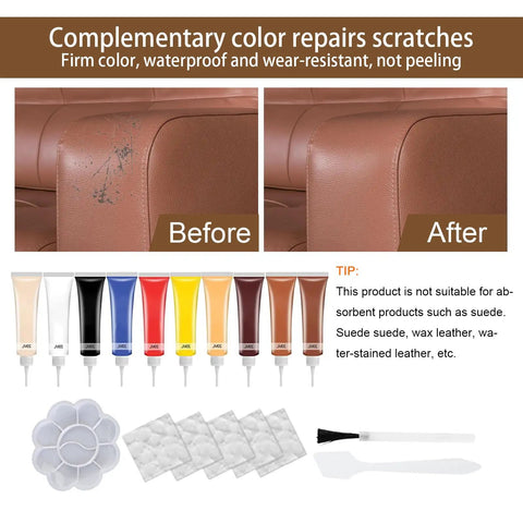 Leather And Vinyl Repair Kit For Cars And Home Furniture Fix Scratches Tears And Holes On Leather Seats Sofas And Upholstery Pro Grade Repair For Real And Synthetic Leather And Vinyl Black Easy To Use Lookin Fresh showing color tubes, brushes, and before-after repair results on a leather couch.