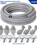 Flexible Liquid Tight PVC Electrical Conduit Kit Three Quarters Inch Diameter 25 Feet Outdoor Non Metallic Grey With Three Couplings, Three Elbows And Seven Straps For Wiring, Cable TV, HVAC And Outdoor Lighting Installations.