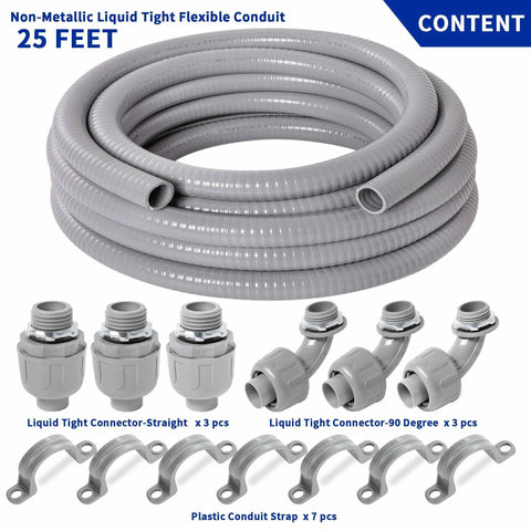 Flexible Liquid Tight PVC Electrical Conduit Kit Three Quarters Inch Diameter 25 Feet Outdoor Non Metallic Grey With Three Couplings, Three Elbows And Seven Straps For Wiring, Cable TV, HVAC And Outdoor Lighting Installations.