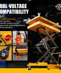 Heavy Duty Electric Scissor Lift Cart With 2600 Lbs Capacity And Locking Casters For Mobile Battery Pack Engine Gearbox Chassis Transmission Jack Repair Tasks shown with electrical controls and safety features.