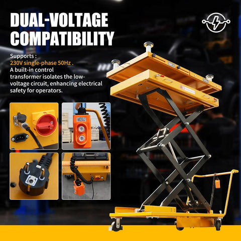 Heavy Duty Electric Scissor Lift Cart With 2600 Lbs Capacity And Locking Casters For Mobile Battery Pack Engine Gearbox Chassis Transmission Jack Repair Tasks shown with electrical controls and safety features.
