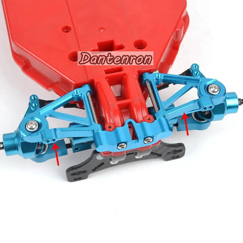 Beefed Up Aluminum TT02 Swing Arm Upgrade Kit for One Tenth Scale RC Cars, blue CNC machined front suspension on red chassis