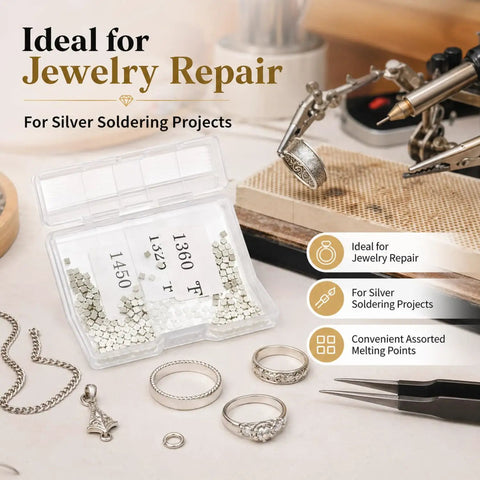 Open case of 500 silver solder chips for DIY jewelry making, 2x2 mm precut pellets, placed next to jewelry tools and repairs.