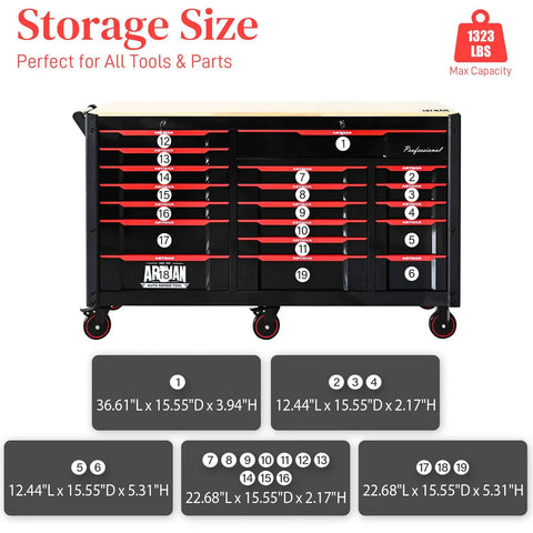66 Inch Rolling Tool Chest With 19 Drawers Heavy Duty Mobile Tool Cart On Wheels Lockable Storage Cabinet For Garage Workshop Warehouse Lab Wood Top Work Bench Built For DIYers And Pros To Tackle Any Project And Store All Your Gear In A Cabinet, black steel with oak top