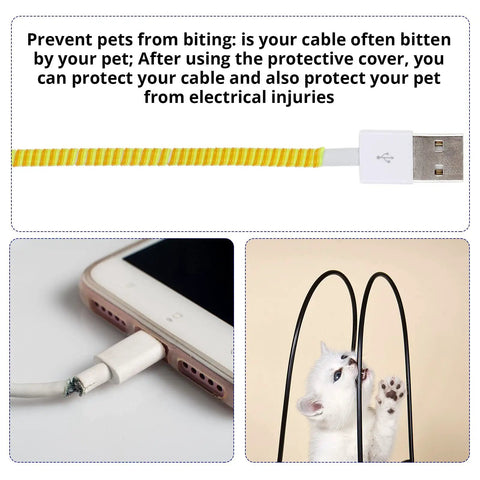 No Chew Spiral Cable Protectors For Pets 43.3 Inch Cord Guards highlighting use on USB cable and cat interaction