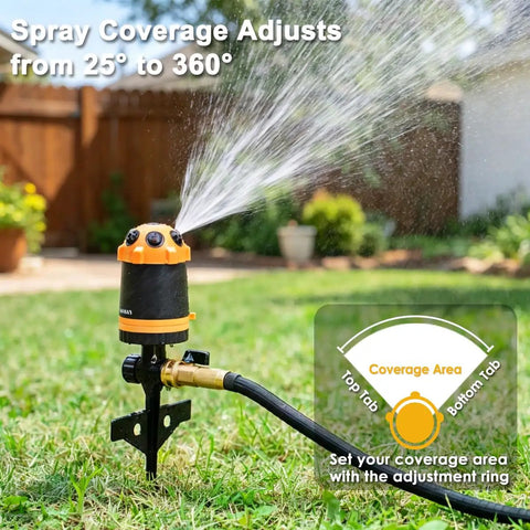 Gear Drive Lawn Sprinkler With Metal Spike Base 6 Pattern Heavy Duty Water Sprinkler System in garden, sprinkler spraying water.