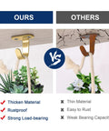 Comparison of brushed gold stainless steel ceiling hook vs rusted hook under cabinet with plant hanging.