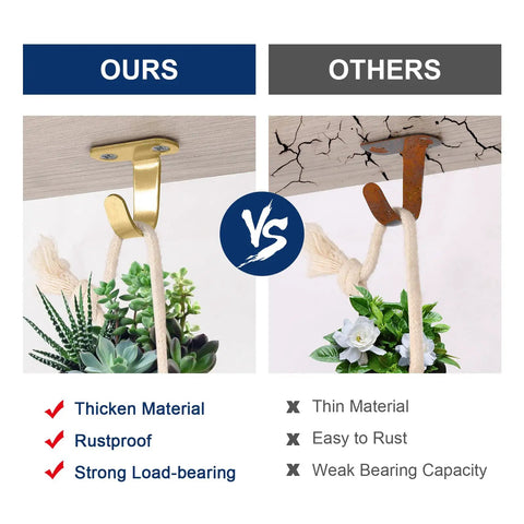 Comparison of brushed gold stainless steel ceiling hook vs rusted hook under cabinet with plant hanging.