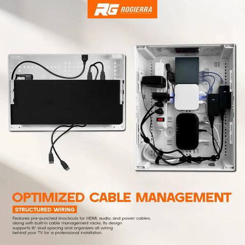 9 Inch In Wall Media Box Recessed TV Cable Management Kit for home theater setup with tidy cable organization and white enclosure