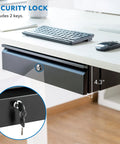 Heavy Duty Steel Under Desk Drawer With Key Lock And Smooth Glide Tracks For Secure Private Slide Out Table Storage Organizer, 4.3 inches deep, shown open with keys.