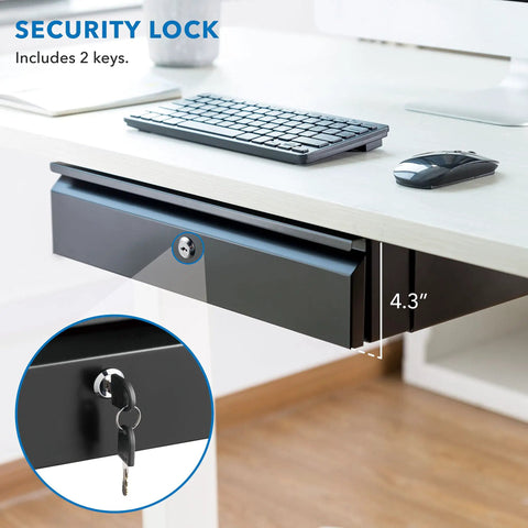 Heavy Duty Steel Under Desk Drawer With Key Lock And Smooth Glide Tracks For Secure Private Slide Out Table Storage Organizer, 4.3 inches deep, shown open with keys.