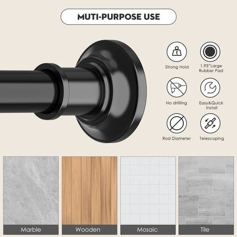 Black Long Shower Curtain Rod Tension Bar 30 To 120 Inch Adjustable Spring Heavy Duty No Drill No Slip Stainless Steel Rust Resistant Spliced Telescopic Design For Bathroom Indoor Outdoor Use with mounting details and surface options