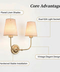 MIKLESLUC Vintage Double Sconce Large Antique 2-Lights Sconces with Flared Funnel Linen Beige Fabric Shade Hardwired Double Wall Sconce E26 Base with flared linen shades and E26 light sockets.