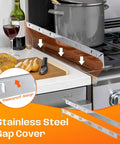 Stove Gap Covers 25.6 Inches Long And 0.4 Inch Wide With Aluminum Heat Resistant And Easy To Clean Left And Right 2 Pack Silver Oven Gap Filler Range Trim Kit For Kitchen Counter Gaps installed between stove and counter.