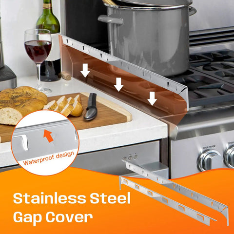 Stove Gap Covers 25.6 Inches Long And 0.4 Inch Wide With Aluminum Heat Resistant And Easy To Clean Left And Right 2 Pack Silver Oven Gap Filler Range Trim Kit For Kitchen Counter Gaps installed between stove and counter.