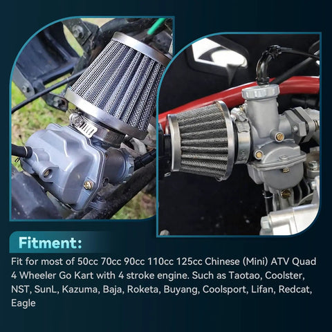 Side view of PZ20 Carburetor For 49cc 70cc 90cc 100cc 110cc And 125cc Chinese ATVs with air filter installed on engine.