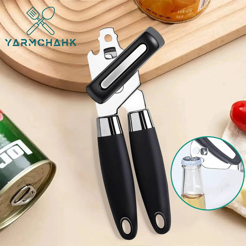 Multifunctional Stainless Steel Can Opener And Bottle Opener With Easy Turn Knob Heavy Duty Handheld Kitchen Tool For Seniors By Yarmchahk Smooth Edge And Sharp Blade Non Slip Grips Black