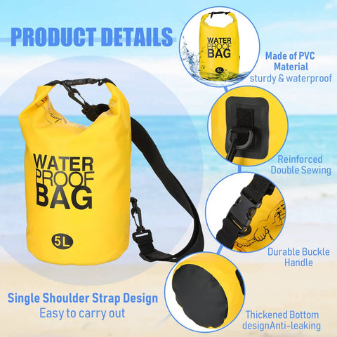 Yellow 5L waterproof dry bag with strap, made of PVC, featuring buckle handle and reinforced sewing. Product focus keyword: Ten Pack Waterproof Dry Bags 5L Ultralight Roll Top Storage Sacks With Adjustable Straps For Backpacking Kayaking Hiking Camping And Swimming Boating Multicolor Gear Keeper For Everyday Adventure.