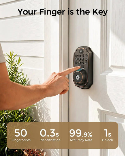 Person using fingerprint scanner on Rock Solid WiFi Video Smart Lock with 5 In 1 Keyless Entry on front door.