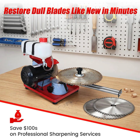 Badass Circular Saw Blade Sharpener And Electric Grinder restores dull steel to razor sharp edge with sparks flying.