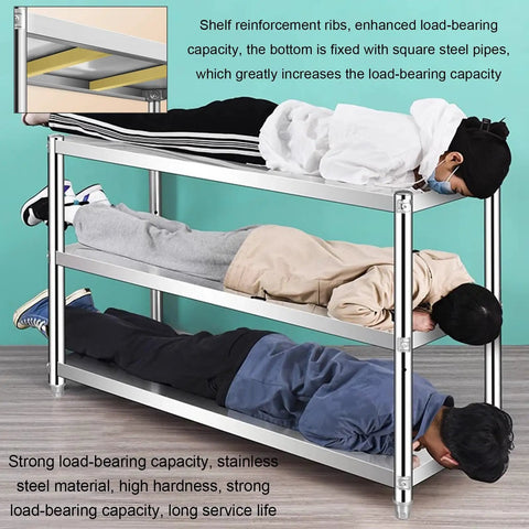Heavy Duty Two Tier Stainless Steel Storage Rack Rust Resistant Boss Rack For Kitchen Office Garage Restaurant Rock Solid Frame with three individuals demonstrating load capacity.