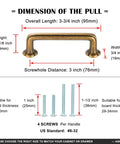 Dimensions display for 10 Pack 3 Inch Hole Centers Antique Brass Cabinet Pulls Vintage Brass Handles with screws visible