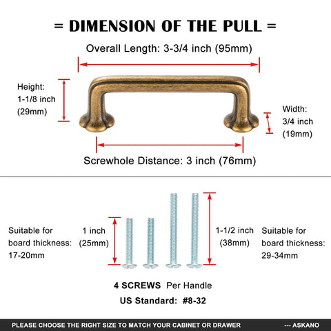 Dimensions display for 10 Pack 3 Inch Hole Centers Antique Brass Cabinet Pulls Vintage Brass Handles with screws visible