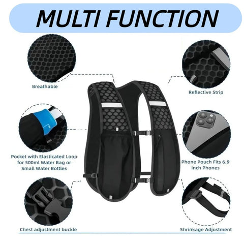 Lightweight Unisex Running Vest With Phone Pocket And Hydration Pack, breathable mesh, adjustable straps, 500ml pocket view
