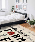 Farmhouse Living Room Rug 2.7 x 5 Feet Non Slip Machine Washable Floor Mat For Indoor Bedroom Nursery Kids Room Doormat Decor Cozy Farmhouse Vibe With Windmill Tractor Chickens Barn Theme in a bedroom setting.
