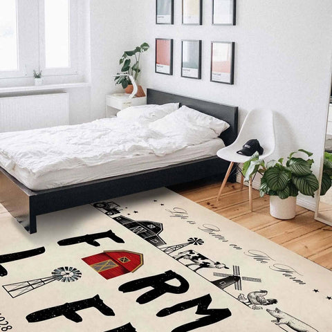Farmhouse Living Room Rug 2.7 x 5 Feet Non Slip Machine Washable Floor Mat For Indoor Bedroom Nursery Kids Room Doormat Decor Cozy Farmhouse Vibe With Windmill Tractor Chickens Barn Theme in a bedroom setting.