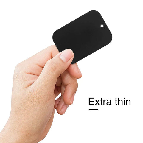 Hand holding a rectangular black plate from 24 Piece Magnetic Phone Metal Plates With Adhesive Mounts For Car Holders And Tablet Mounts, Includes 12 Rectangular 2.6 X 1.6 Inch And 12 Round 4 CM Diameter Plates, Heavy Duty Adhesive Backing For A Grab And Go Mount, Universal Black, marked 'Extra Thin'