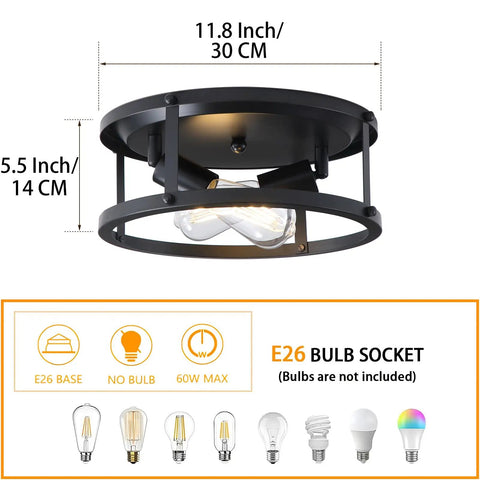 Four Pack Dope Black Farmhouse Flush Mount Ceiling Lights With Two Light Rustic Industrial Ceiling Fixtures dimensions and bulb details