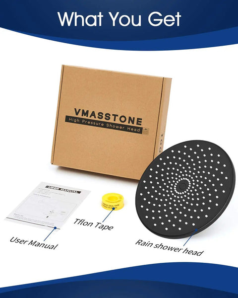 9 Inch Rain Shower Head With 200 Nozzles For Gentle Spa Level Water Flow And High Pressure Performance Large Surface Coverage Tool Free Installation Matte Black Finish EM 001 with box and accessories